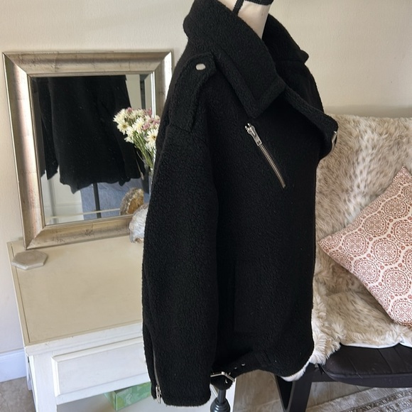 & other stories black wool long oversized side zip polo collared moto jacket S​ - Picture 12 of 16